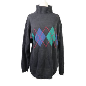 Vintage 90s Cherokee black argyle knit turtleneck sweater L
